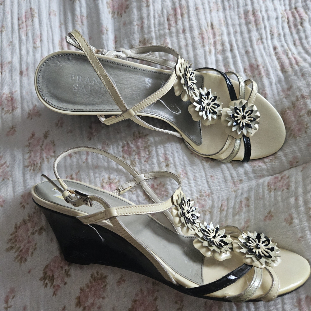 Franco Sarto Floral Cream and Black Wedges